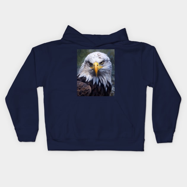 Majestic Gaze: A Hyperrealistic Oil Painting of a Bald Eagle Kids Hoodie by ABART BY ALEXST 